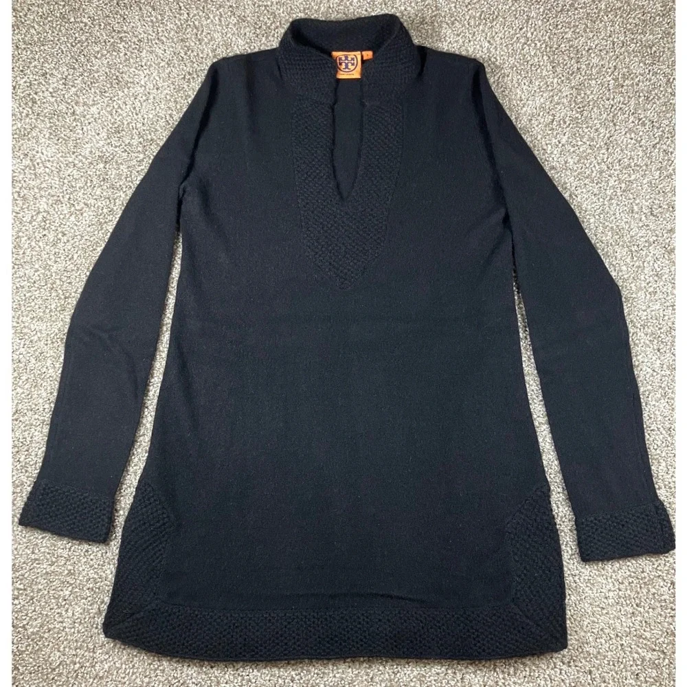 Tory Burch Black 100% Cashmere Split Neck Tunic Sweater Waffle Knit Trim S